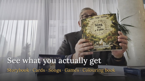 Sing Me a Fable kit presented: storybook, 54-card deck, songs, games, colouring book.